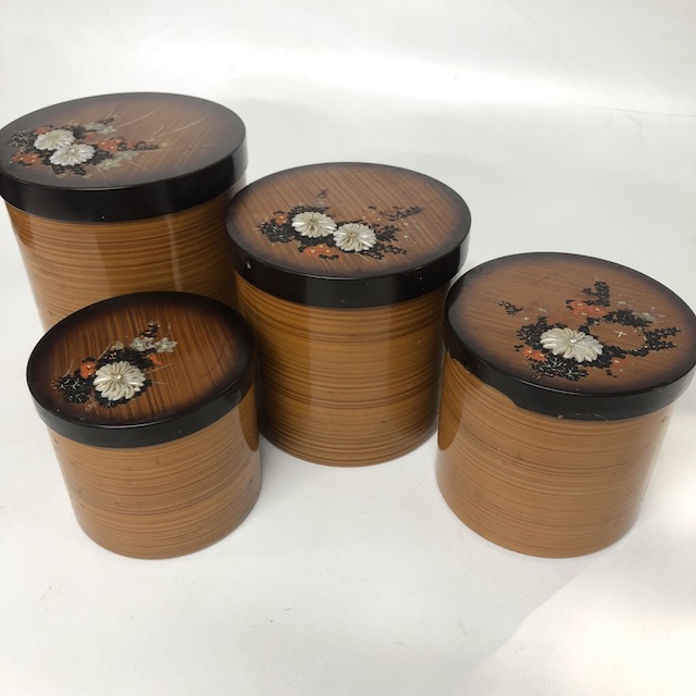 CANNISTER SET, Gloss Woodgrain w Floral Decoupage Lid (Set of 4)